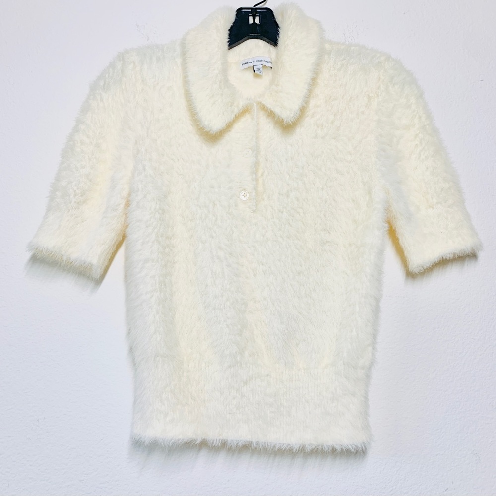 Express x Negin Mirsalehi Cream Fluffy Furry Button Up Collar Sweater Top
